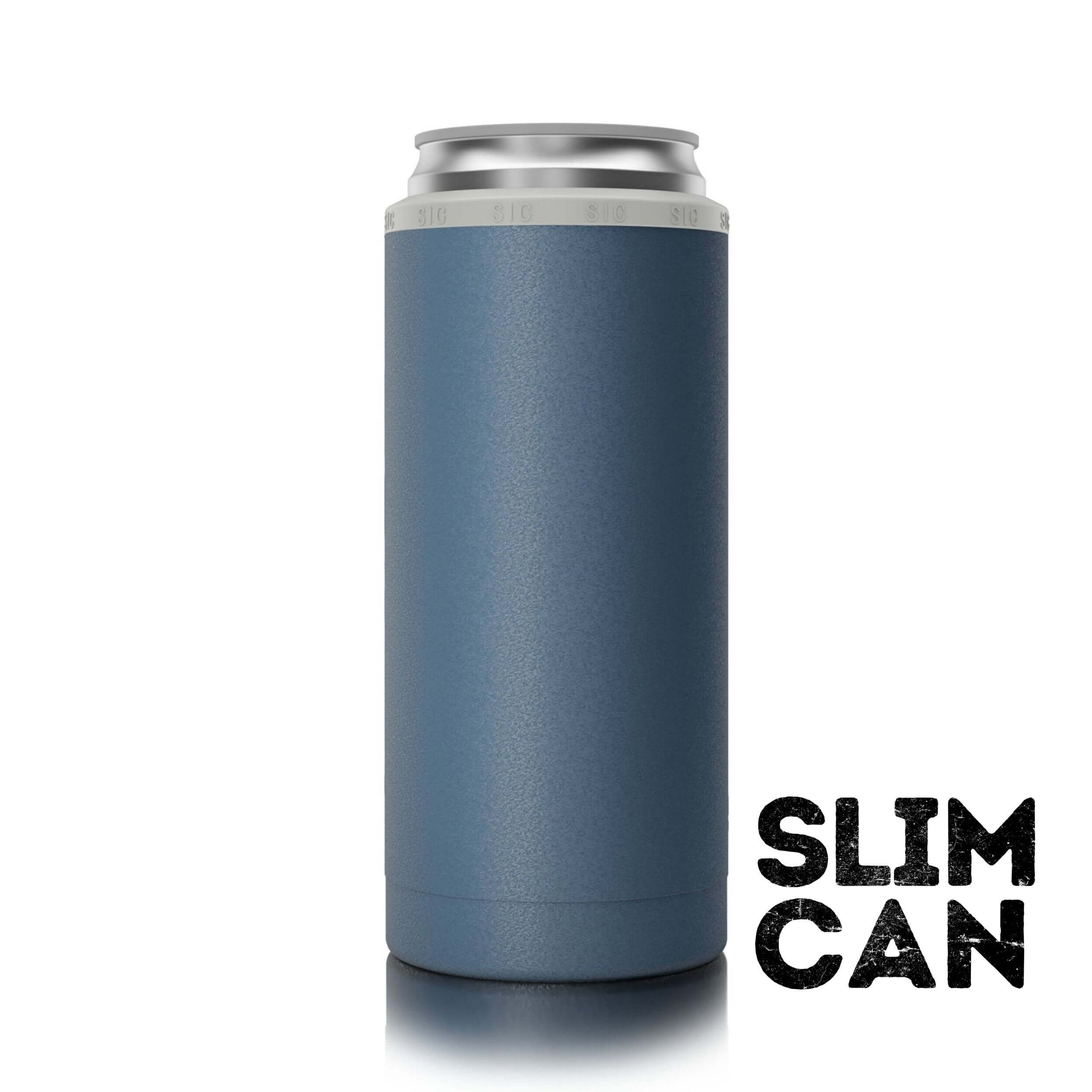 SIC Matte Navy Slim Can Cooler with Size Guide