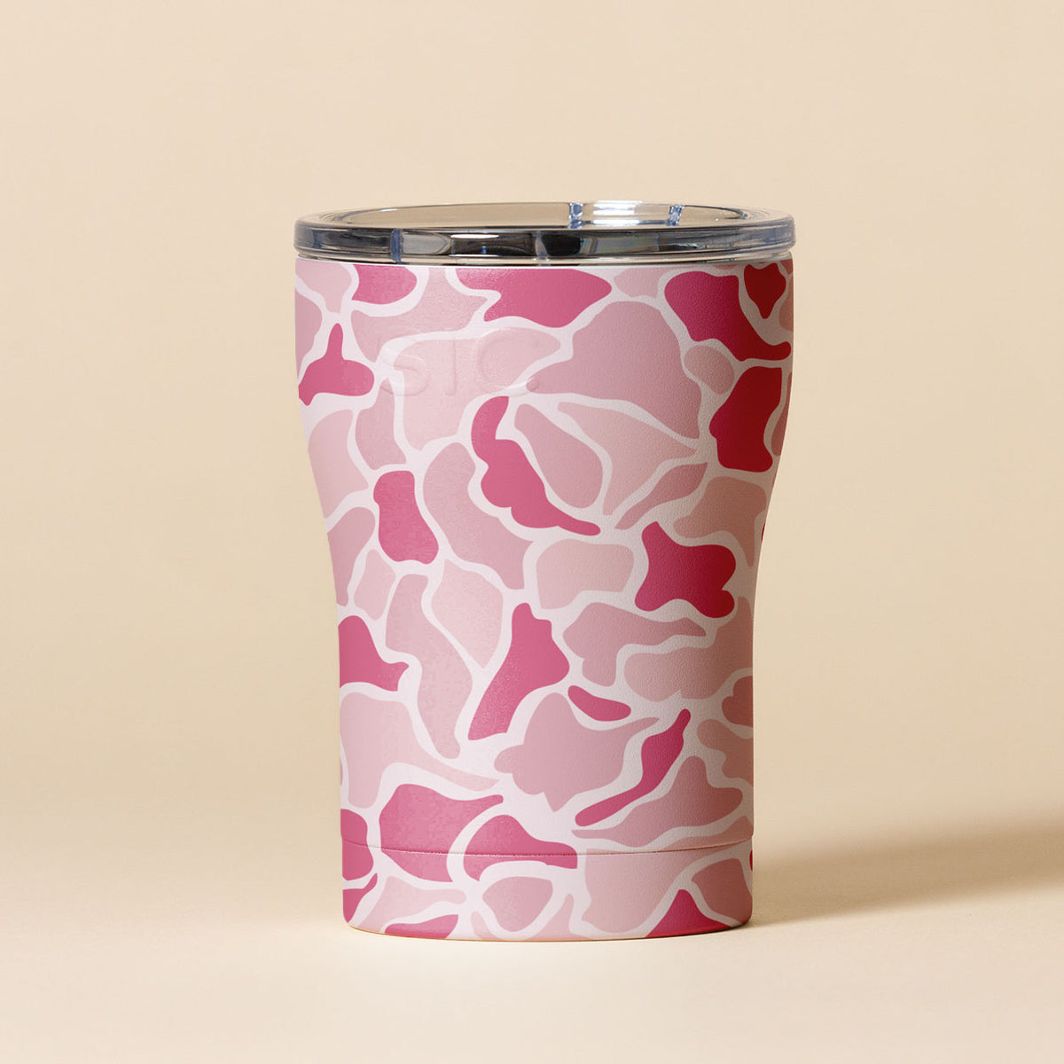 SIC PNK Camo 12 oz. tumbler with pink and white camouflage pattern and clear lid