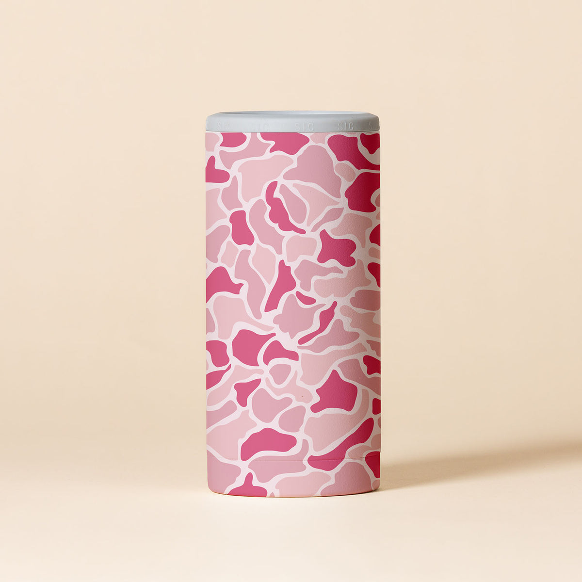 SIC Slim Can Cooler in PNK Camo with pink and white camouflage pattern