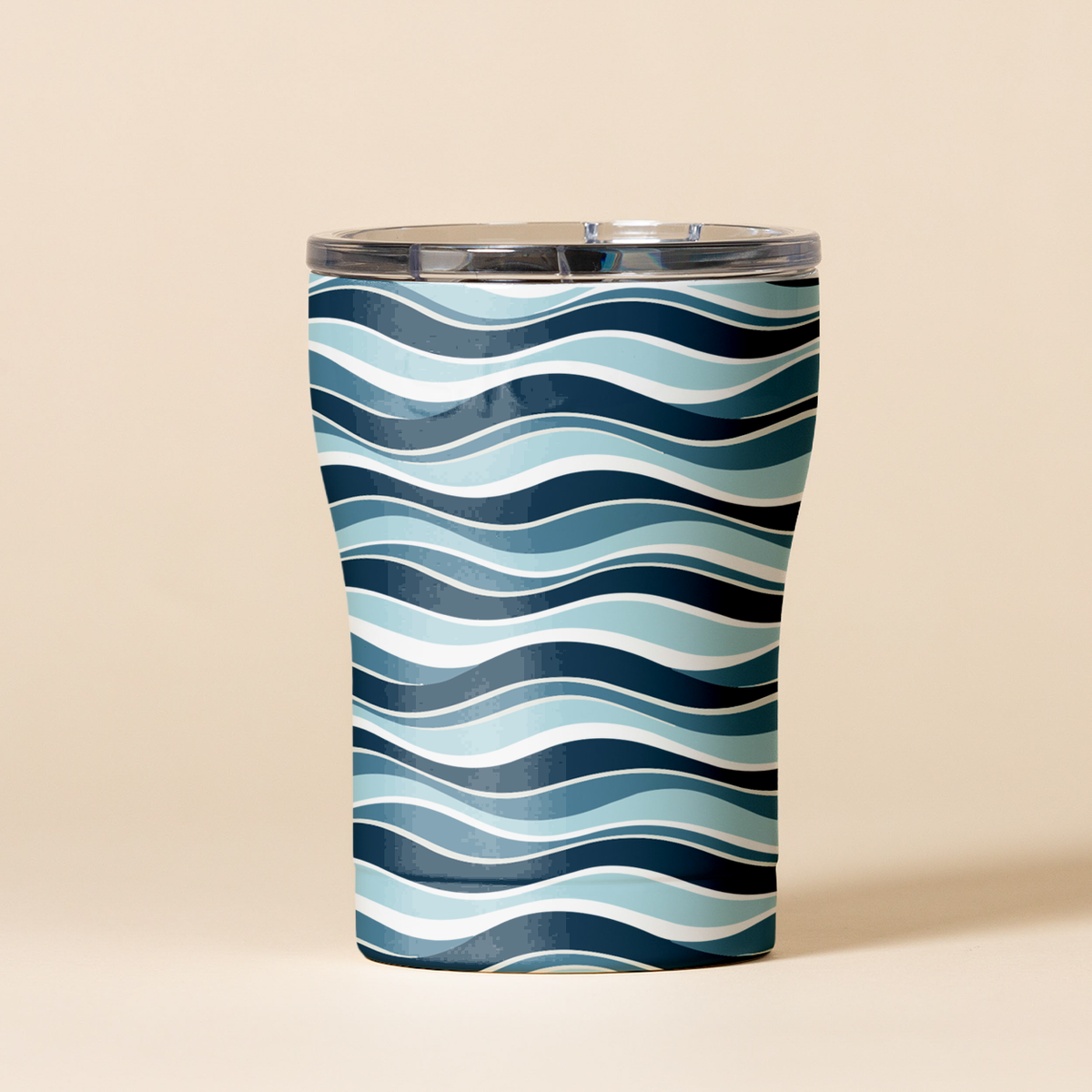 SIC 12 oz. Tumbler in Winter Waves with navy, light blue and white wave stripes