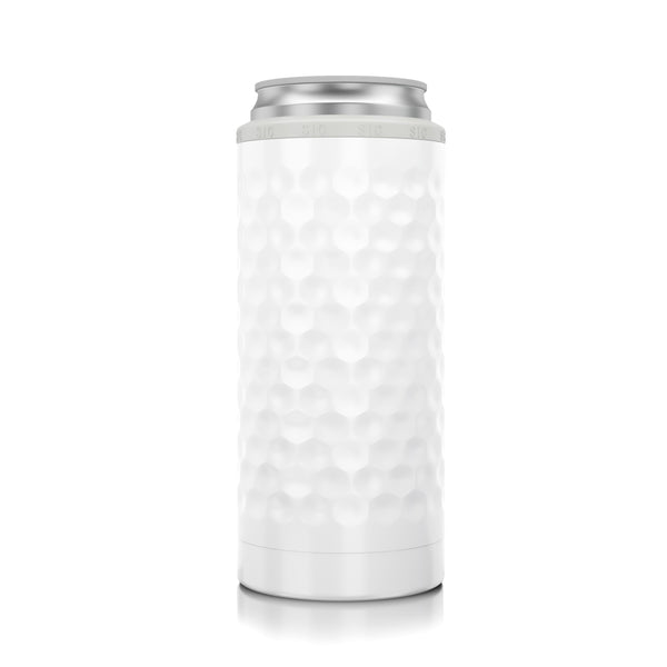 dimpled golf design on a white slim can cooler