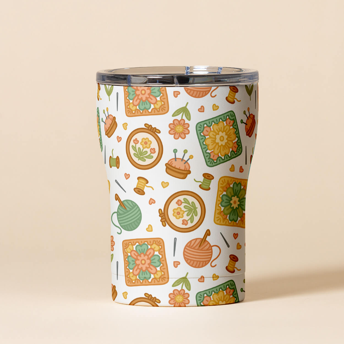 12 oz. SIC Hobbyist tumbler with colorful crochet, embroidery and sewing pattern