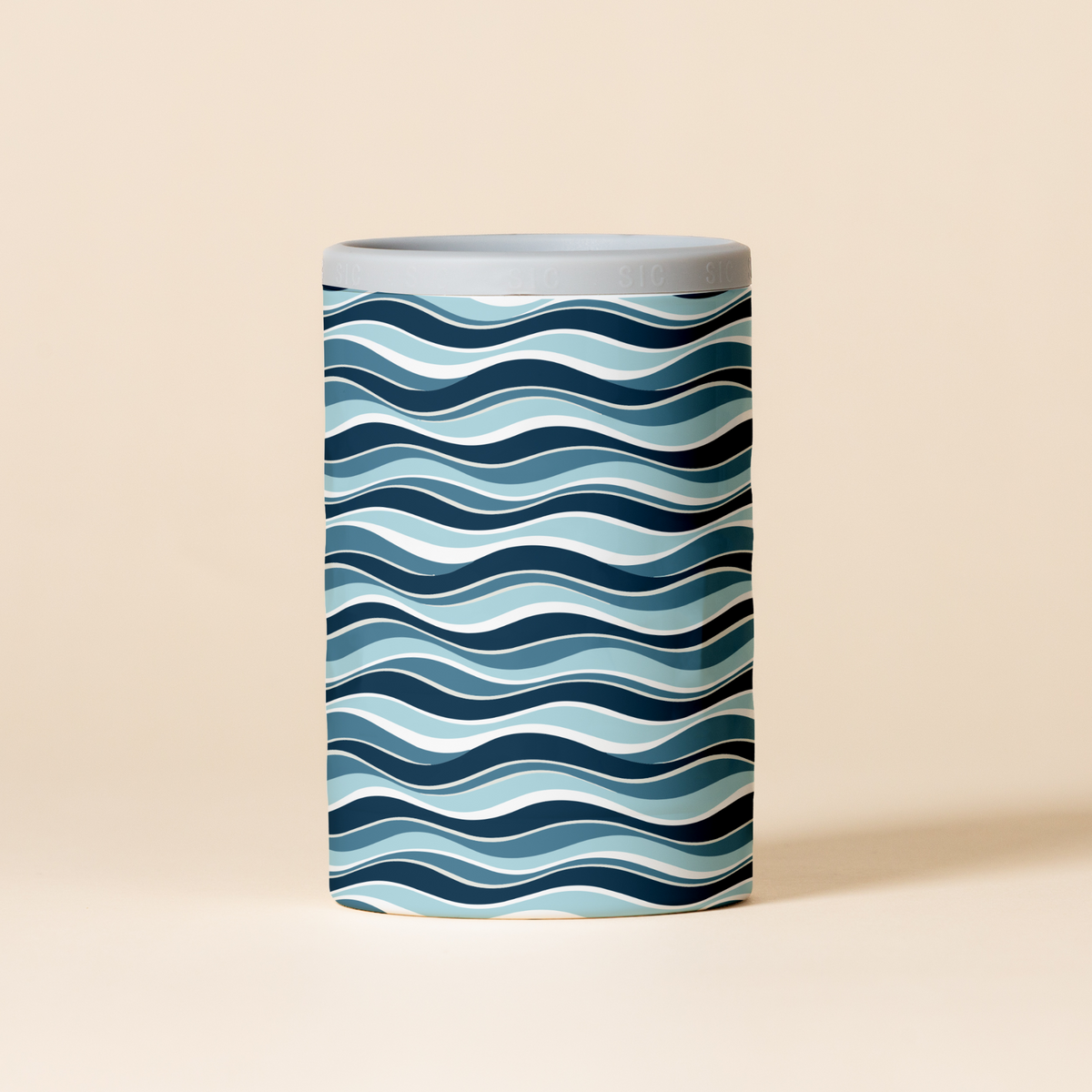 SIC Can Cooler in Winter Waves with navy, light blue and white wave stripes