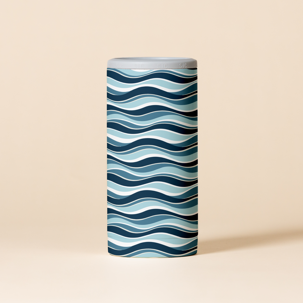 SIC Slim Can Cooler in Winter Waves with navy, light blue and white wave stripes